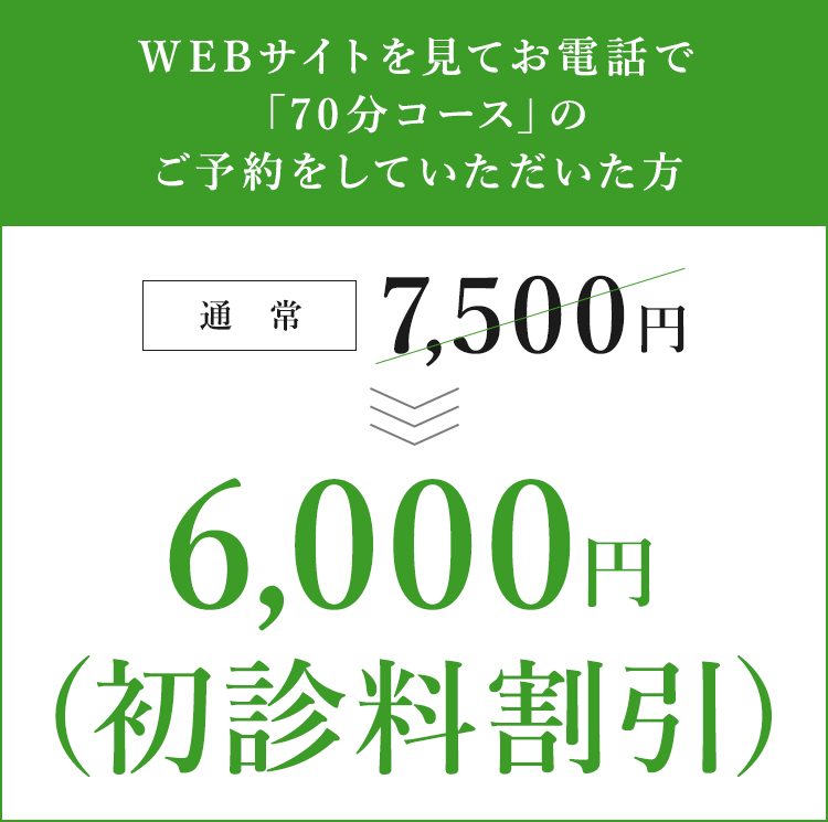 WEBサイトを見てお電話で「70分コース」のご予約を頂いた方 通常7,500円→6,000円(初診料割引)